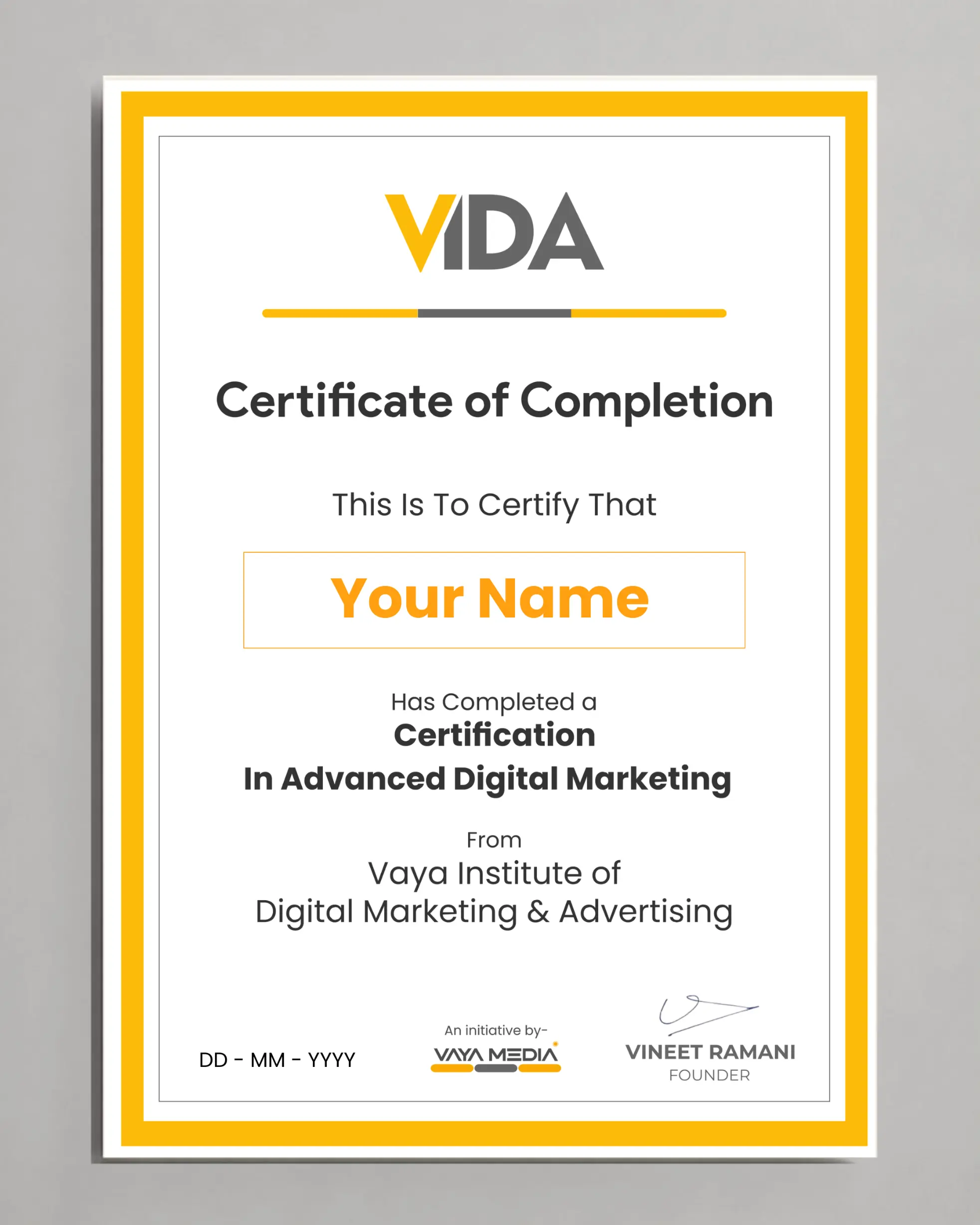 Vida Certificate